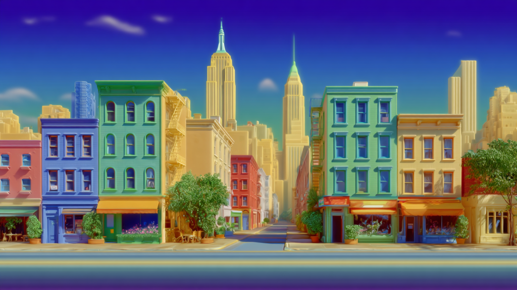 fluzdesign nyc neighborhood street with restaurants Soft digi f9ca2156 b620 4ede 878f badd434ddcde 2