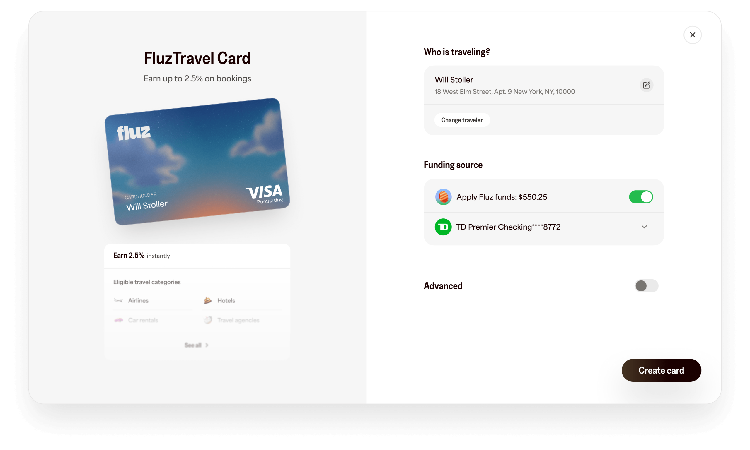 Jetsetter Card creation interface